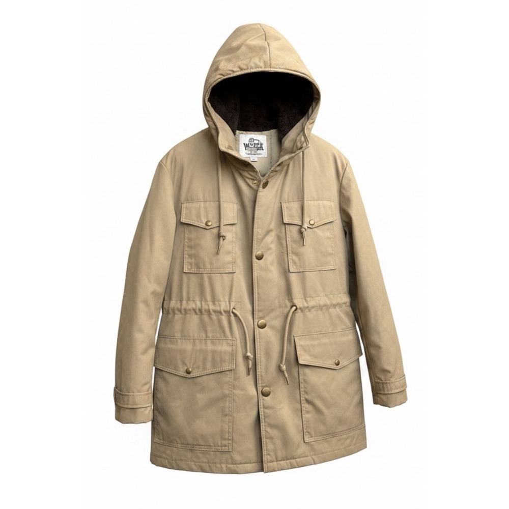 Vtg Woolrich USA Made Down Mountain Quilted Jacket Sz 44/L Beige Tan Hooded Coat